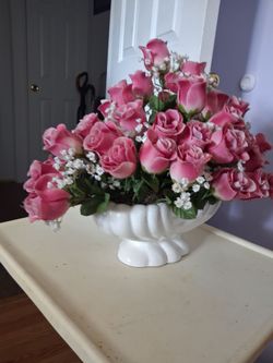 Silk Rose Arrangement in White Ceramic Urn