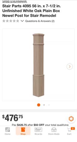 Stair Parts 4095 56 in. x 7-1/2 in. Unfinished White Oak Plain Box Newel Post for Stair Remodel