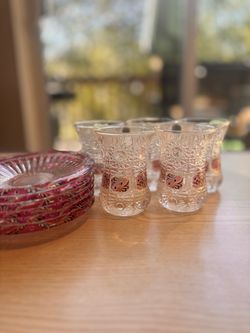 Vintage Ornate Turkish Tea Glass Set – 12-Piece Cut Crystal & Pink Gold Etched Armudu Cups and Saucers
