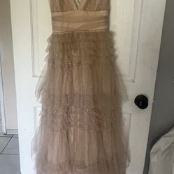 MANJU Dusty Rose Tiered Ruffled Tulle Gown Medium