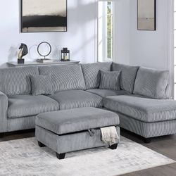 New! Light Gray Sectional And Storage Ottoman, Plush Sectional Couch, Sofa, Sectionals, Grey Sofa, Grey Couch, Corduroy Sectional, L-Shaped Sofa, Set 