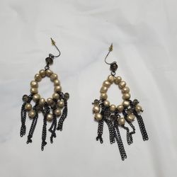 Pre-Owned Gold Pearl Dangling Black Chain Earrings Womens Cute Earrings 