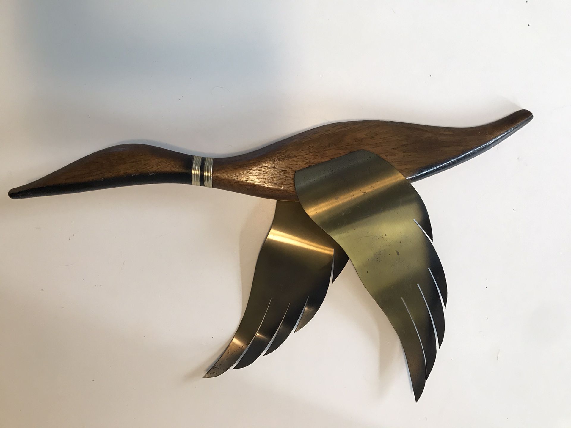VTG MCM Teak Wood Flying Duck Goose w Brass Metal Wings Wall Hanging Decor 20.5"