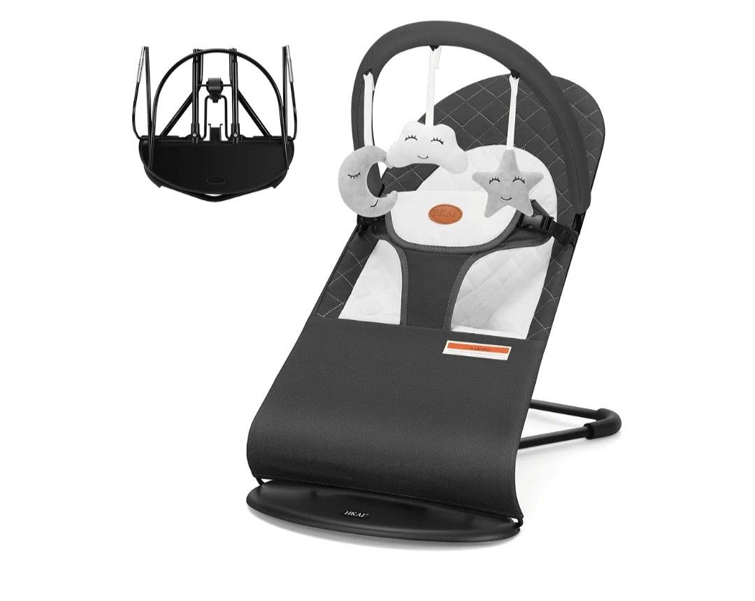HKAI Baby Bouncer, Portable Baby Bouncer Seat for Babies 0-18 Months, 100% Cotton Fabrics, 3 Modes of use with Rocker and Stationary Options, Infant R