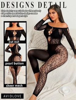 Off Shoulder Fishnet Bodysuit Long Sleeve Cut Out Pearl Clubwear