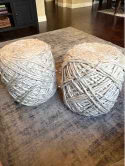 Aubree Upholstered Pair of Woven Rope Poufs