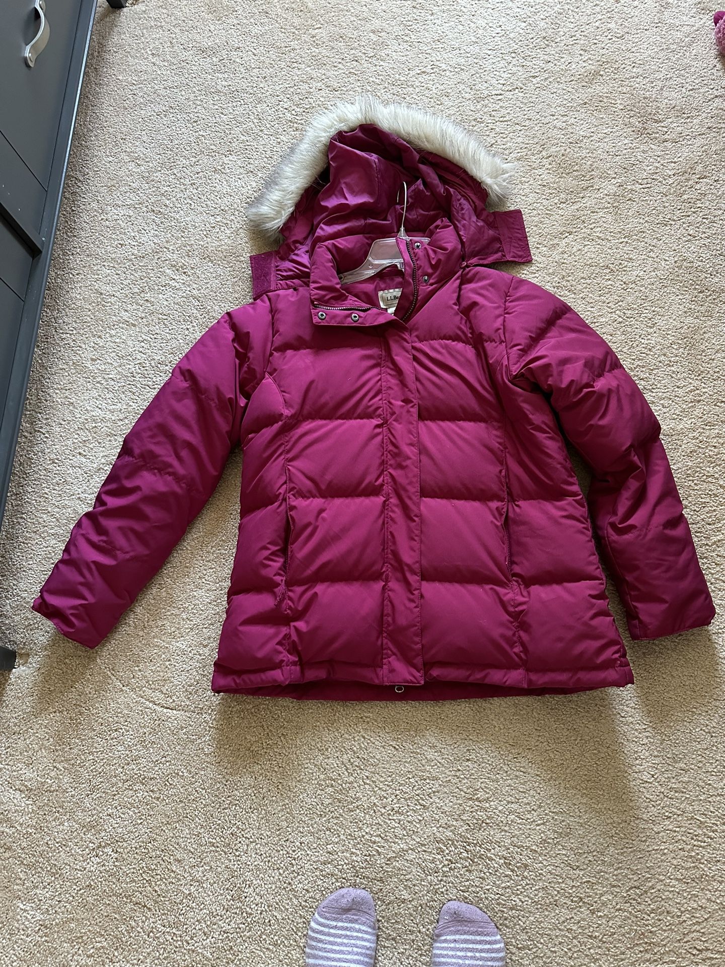 LL Bean Womens Goose Down jacket Full Zip Ski Faux fur Trim Hood Rose Pink M