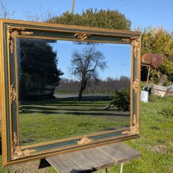 Vintage Ornate Framed Mirror with Green & Gold Detailing, 39x49" Home Decor

