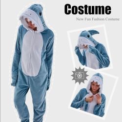 Shark One Piece Flannel, Large or XL, adults Unisex, Pajama or costume size - gray