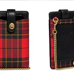 ❤️ COACH PLAID PRINT TURNLOCK CHAIN PHONE CROSSBODY IN COLOR: RED MULTI 🖤