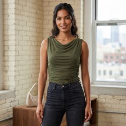 Express Womens Cowl Neck Ruched Tank Top Olive Green Sleeveless Mesh Minimalist