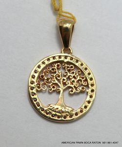 Tree of Life 18K solid Gold Round Pendant with Color Gemstones  Pre-owned 