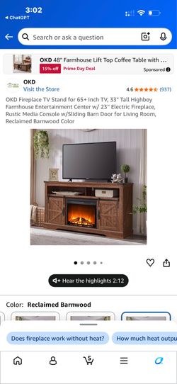 OKD Fireplace TV Stand for 65+ Inch TV, 33" Tall Highboy Farmhouse Entertainment Center w/ 23'' Electric Fireplace, Rustic Media Console w/Sliding Bar
