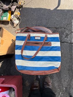 Women’s Blue & White Striped Tote Bag, Brown Double Handles, Zip Closure