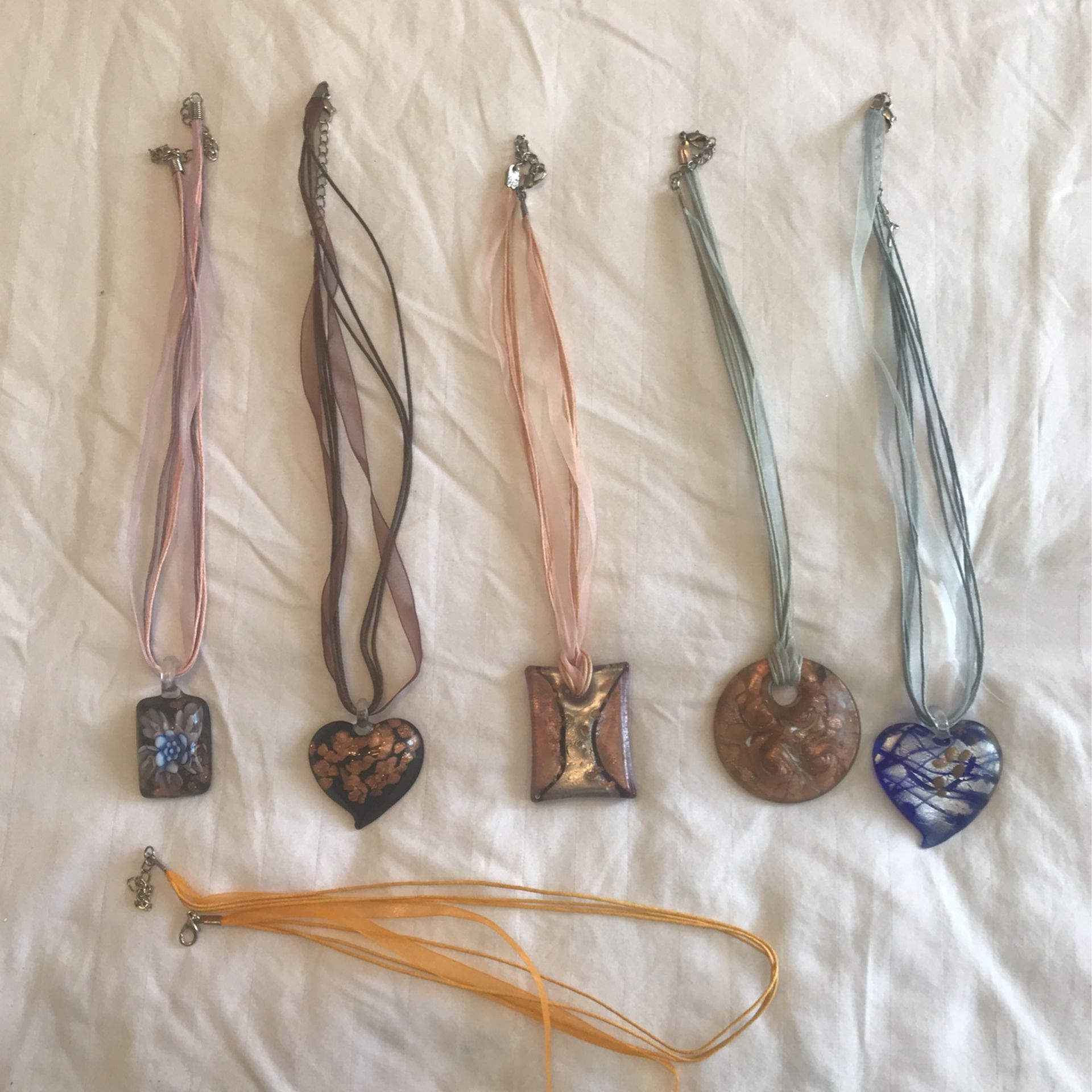 Lot Of 5 Glass Pendants On Ribbon Chains