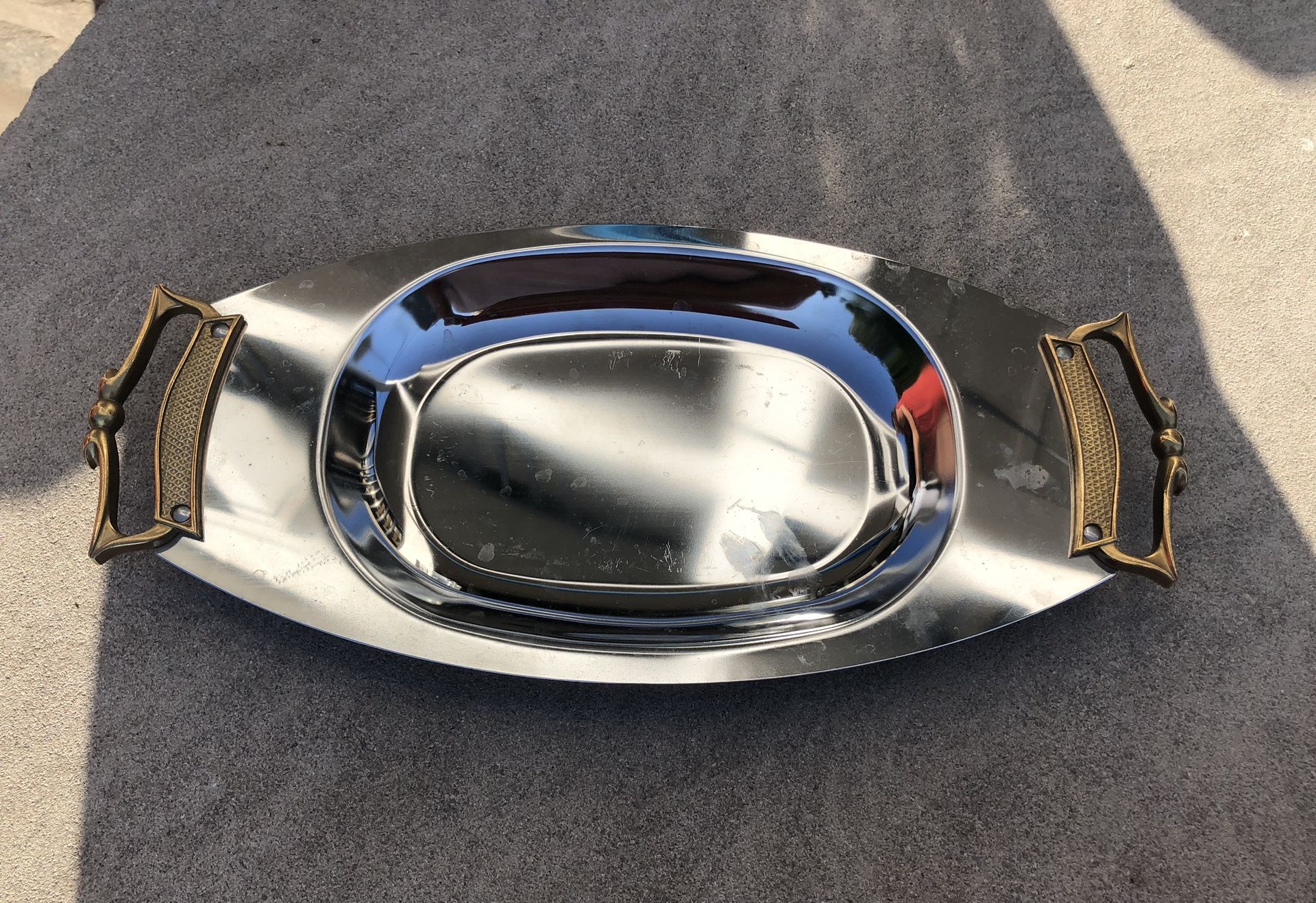 VTG KROMEX Oval Serving Platter 14"x 6 3/4" Gold Tone handles Mid-Century Modern