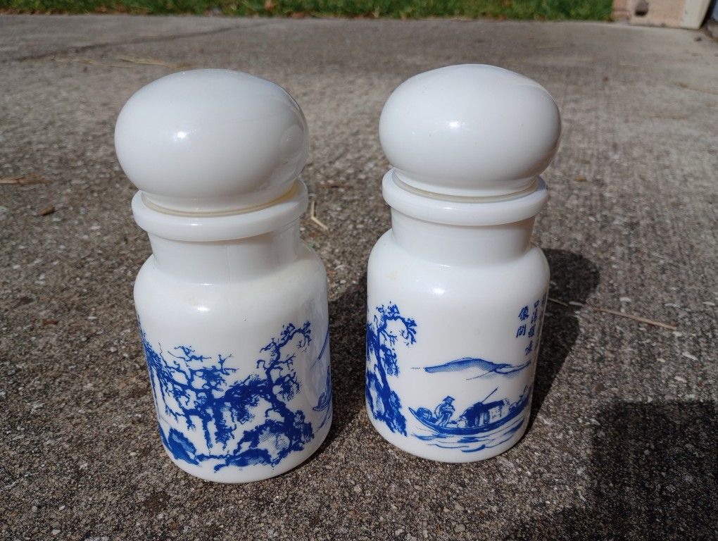 Vintage Milk Glass Apothecary Jars w/ Asian Scenes Made in Belgium *25.00 Firm for Pair* 5.5" Tall