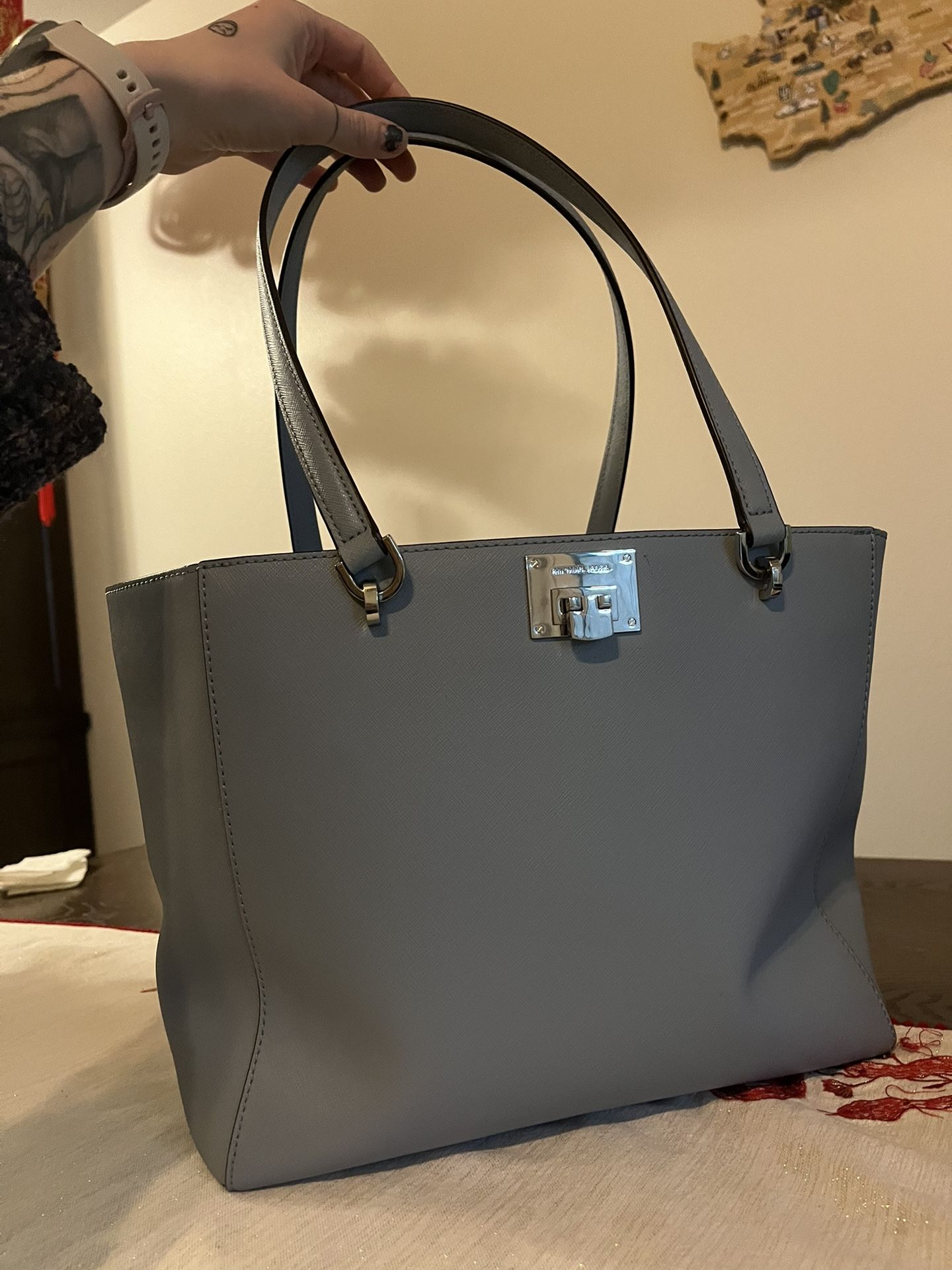 Michael Kors Leather Tina Tote In Pale Blue