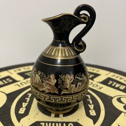 Vintage Greek Handmade V STAKIAS Black 24K Gold Small Vase 6" Tall Ornate