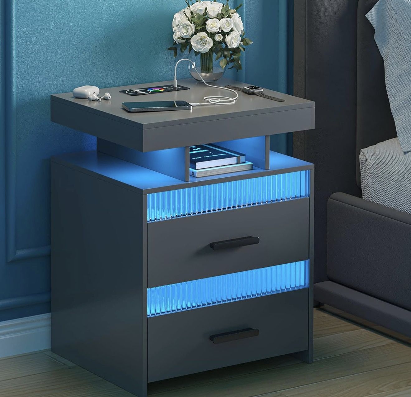 Nightstand with Charging Station, Modern End Table with 2 Drawers, Bedside Table with Human Sensor 2