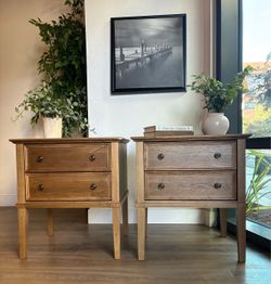 Wood Nightstands – Set of 2 | 2-Drawer Bedside Tables with Built-In Charging Stations