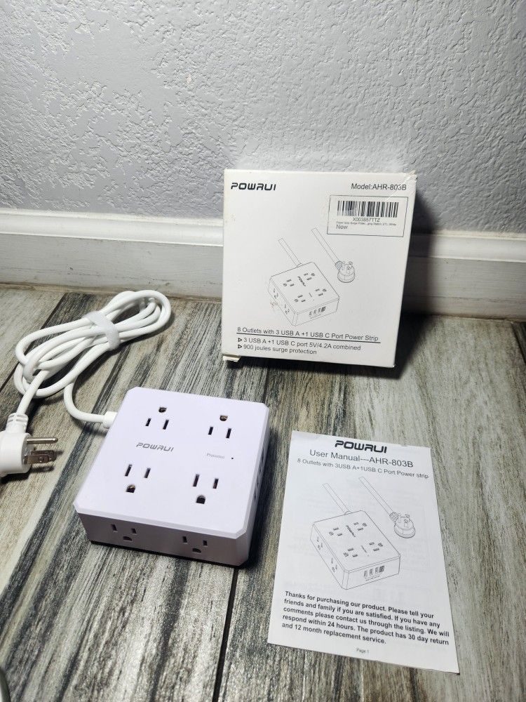 Surge Protector Power Strip - 6 Ft Flat Plug Extension Cord with 8 Widely Outlets and 4 USB Ports(1 USB C), 3 Side Outlet Extender for Home Office, Wh