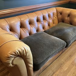 Mid-century modern leather and chenille couch