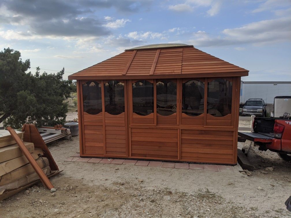 Redwood incloser with hot tub