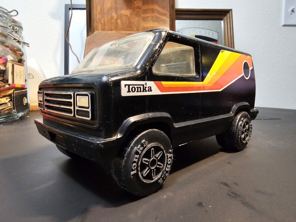 Vintage 1970’s Tonka Pressed Steel Black Van With Yellow And Orange Stripes