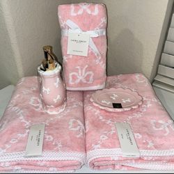 6-PIECE NWT LAURA ASHLEY PINK AND WHITE COQUETTE BOW DESIGN BATHROOM SET