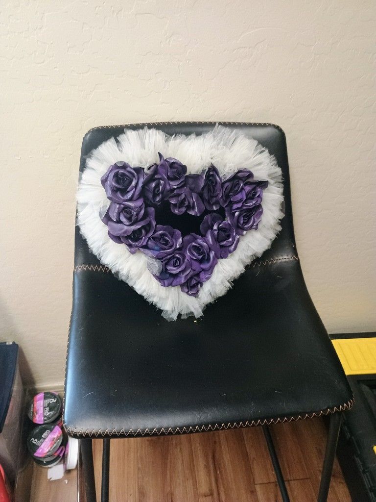 Purple And Cream Floral Heart Wreath