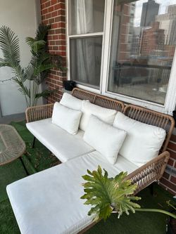 Outdoor Rattan Sofa Set + Side Table - Natural/White $250