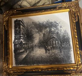 Framed Black and White Paris Street Scene Oil Painting