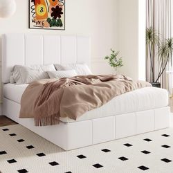 C195 $155  Full Size Velvet Lift Up Hydrualic Storage Bed Frame, White Vertical Channel Tufted Headboard, Hydrualic Underneath Storage, Upholstered Pl
