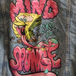DIVIDED H&M SPONGEBOB BLUE DENIM JACKET SIZE small MIND LIKE A SPONGE GRAPHIC