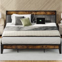 King Metal Bed Frame with Storage Headboard and Outlets, Sturdy  