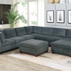 Brand New Grey Chenille Modular Sectional Sofa w Ottoman