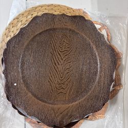 Charger Plates 13" Round Rustic Brown with Wood Grain Scalloped Rim