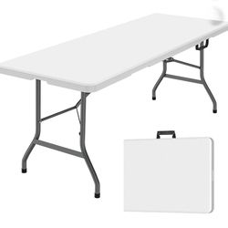 6 Foot Folding Table, White Plastic Folding Table, Built-in Handle, Indoor Outdoor