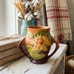 Vintage Roseville Pottery Water Lily Vase 71-4 Brown 1943 Art Deco Urn Marked