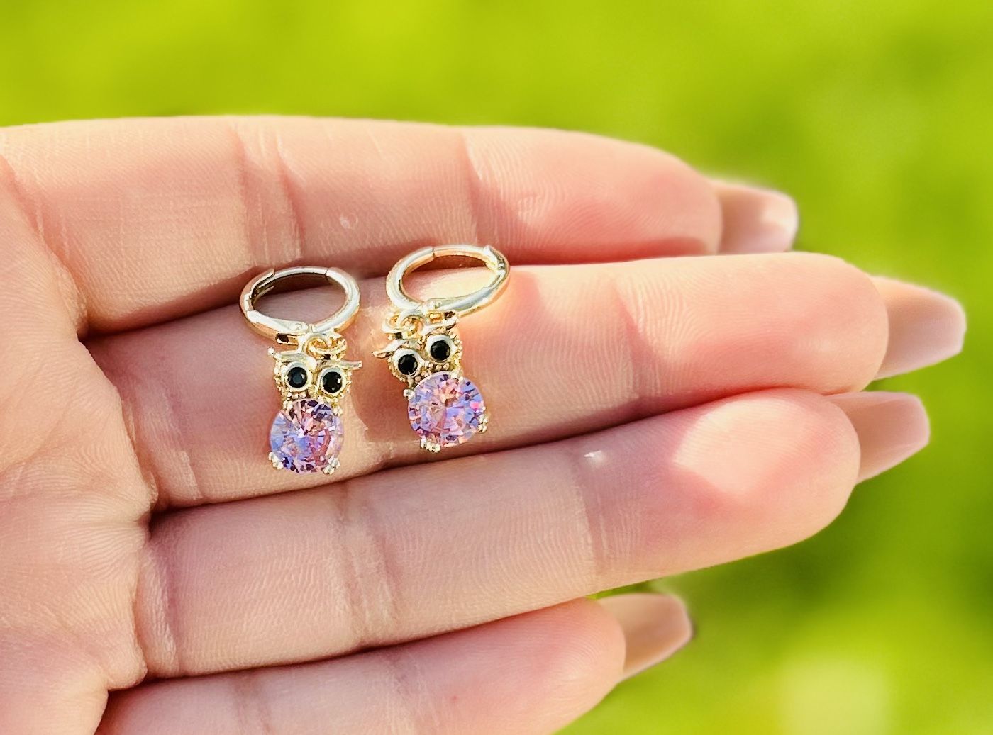 Gold Earrings- Owl Earrings - Pink Diamonds