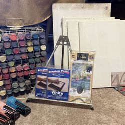 100 + Acrylic Paints, Rotating Display/Storage Carousel, Charcoal Pencils, Easel, Graphite Paper, Disposable Artist Paper & Palette, & 6 Canvas