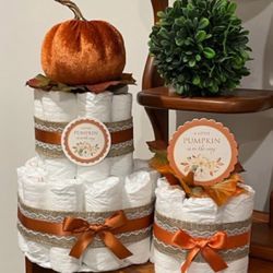 BABY SHOWER DIAPER CAKE gift decor - a Little Pumpkin is on its Way!