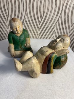 Two wood carved hand painted Asian children figurines sculptures