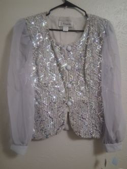Lavender Rhinestone and Sparkle Embroidery Lace Jacket w Sheer Sleeves by J Benjamin Size 16