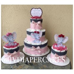 Baby Girl Elephant Theme Diaper Cake With Matching Centerpiece 