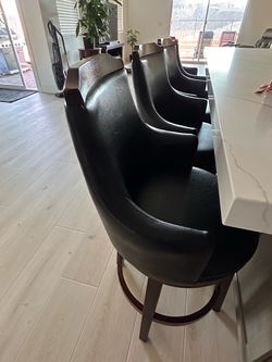 Black Leather Bar Stools with Wood Base – Set of 4