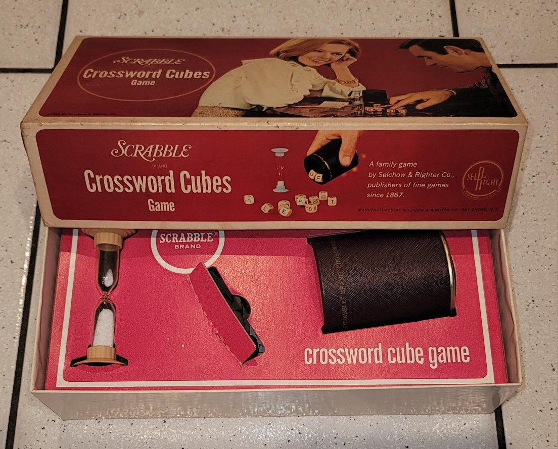 1968 vintage "Scrabble Crossword Cubes Game" by Selchow & Righter Co. This is a word game that combines elements of Scrabble with dice rolling.