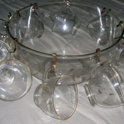 RARE Antique Vintage c.1960's 13 piece HEAVY GRAPES PUNCHBOWL WITH CUPS Etched Glass Gold Rim Set