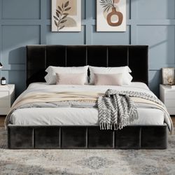 New King Size Bed Frame, Velvet Upholstered Platform Bed, Adjustable Headboard. Low profile 